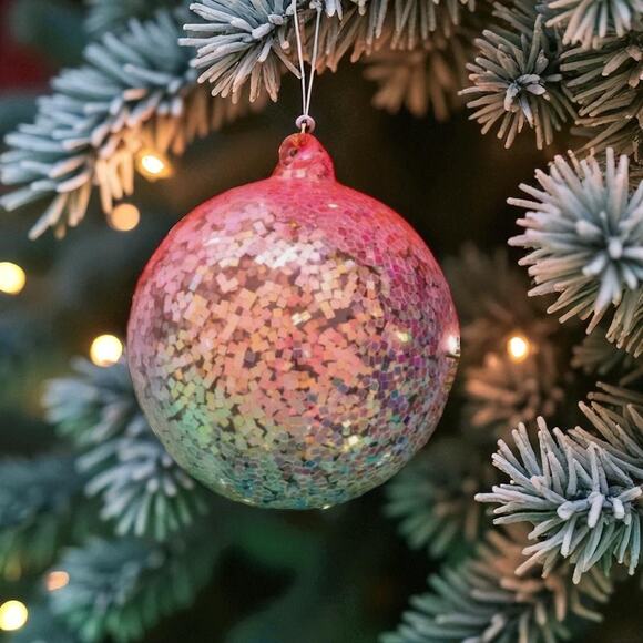 Glass Pink & Blue Reverse Glitter Christmas Tree Ornament Large 3.5 in New - Picture 1 of 2